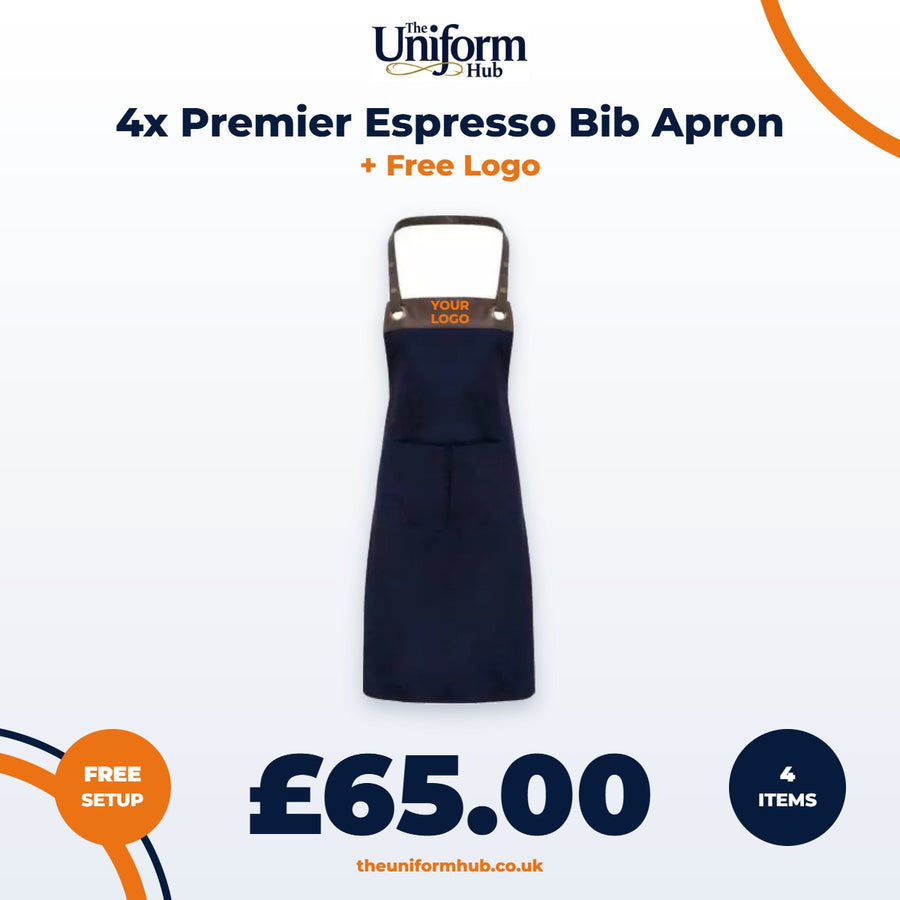 4x Premier Espresso Bib Apron + Free Logo