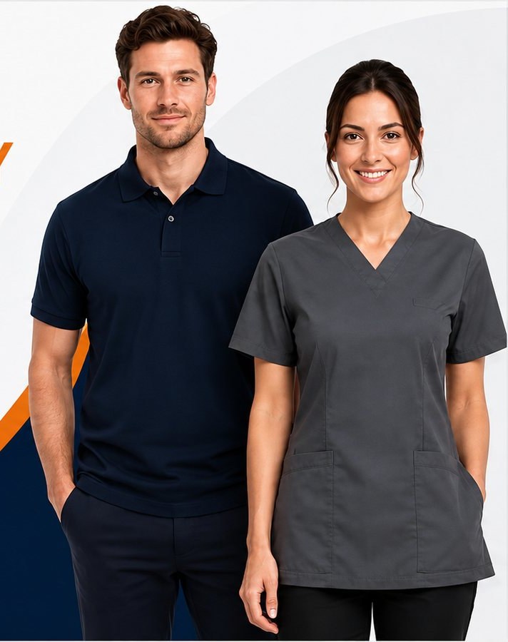 Man in a navy polo shirt and woman in grey scrubs wearing uniforms from The Uniform Hub